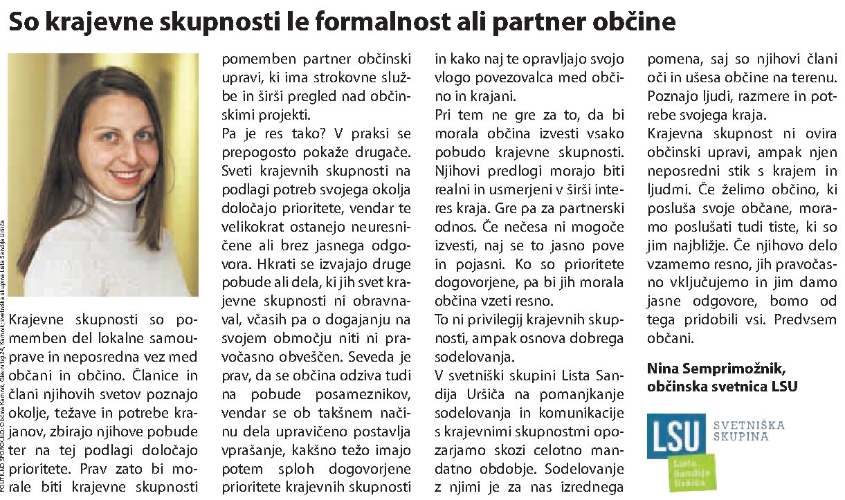 Izrezek iz Kamničanke: So krajevne skupnosti le formalnost ali partner občine?